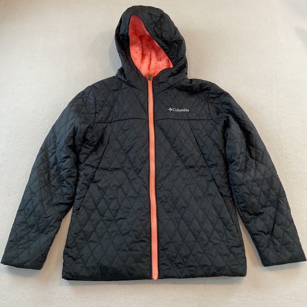 Columbia Kids Bella Cascade Quilted Hooded Jacket Black Peach L 14/16 XG0010